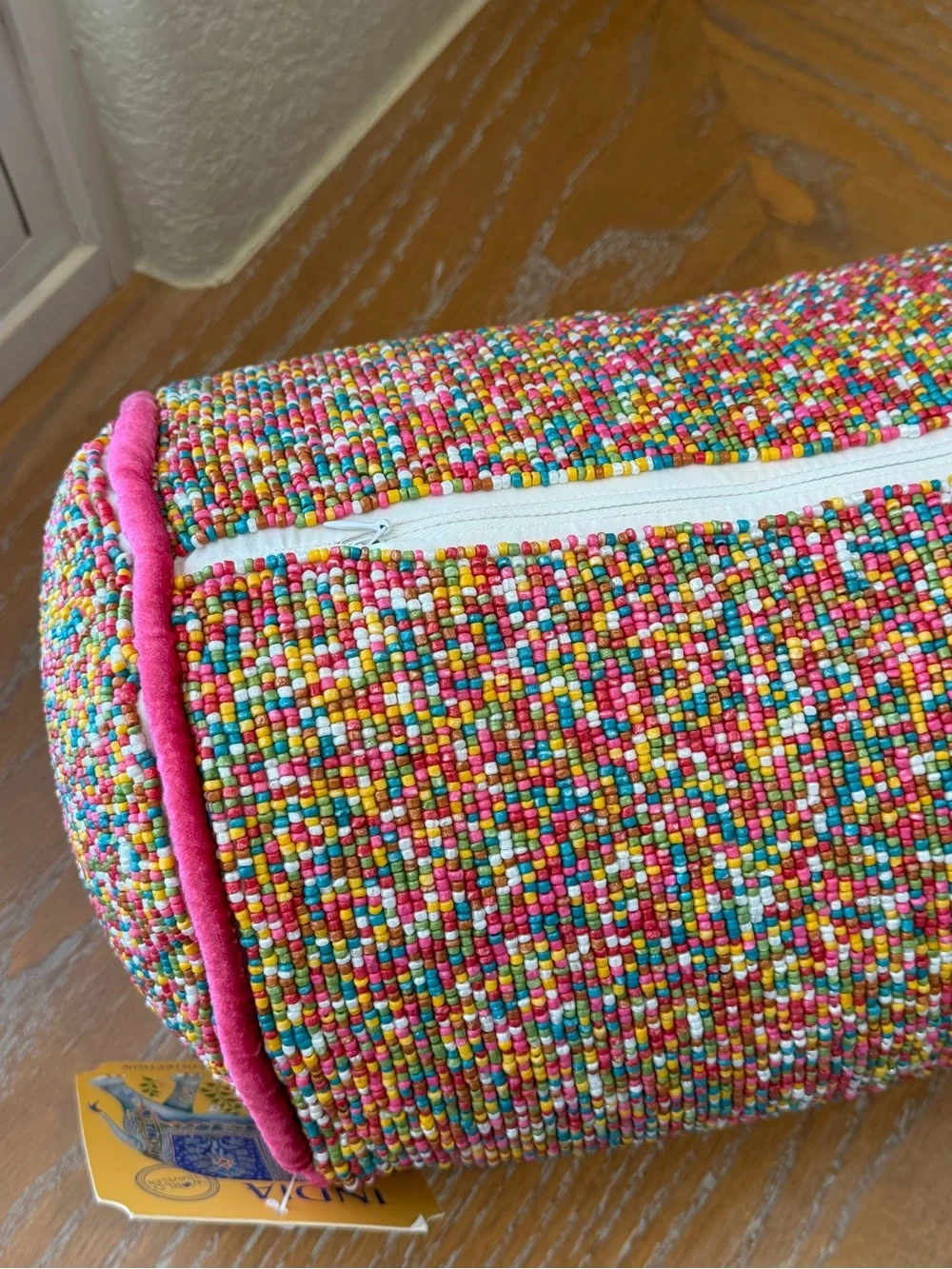 NWT India Multicolored Rainbow Hand Beaded Pillow